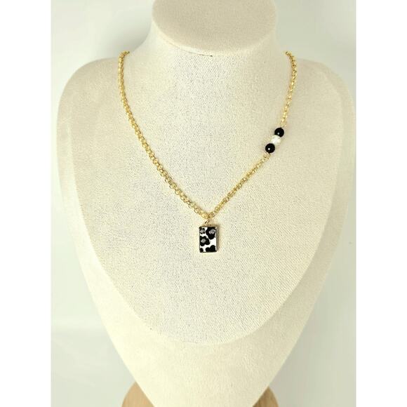 Black White Statement Necklace Flowers Enamel CZ Gold Plated Adjustable Chain - Picture 3 of 6